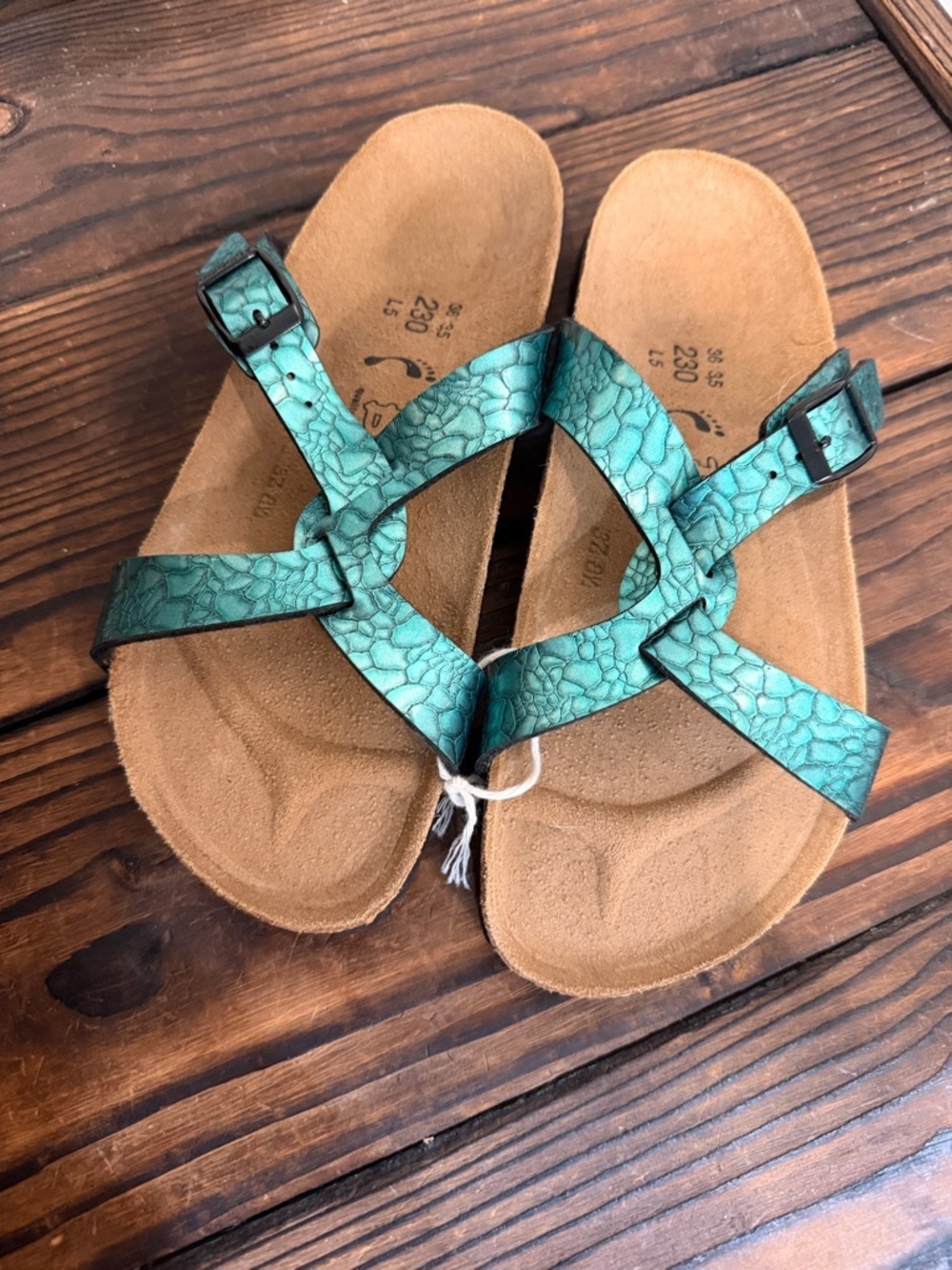 NWT Rare Birkenstock Birki's Sylt Birko-Flor sandals metallic turquoise